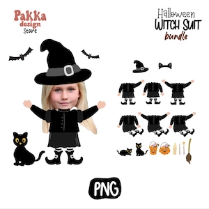 Puede incluir: Un conjunto de muñecas de papel digital para Halloween con una bruja con un sombrero y un vestido negros. El conjunto incluye varias poses y accesorios, como una escoba, un gato y una calabaza.