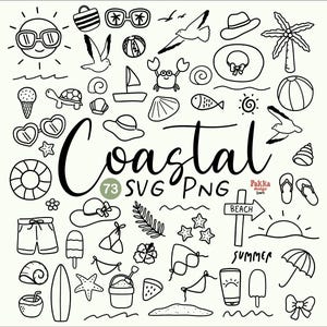 Summer SVG PNG Bundle,Coastal Beach Life Clipart,Hand Drawn Ocean Doodles Elements,Cricut Cut Files for Sublimation