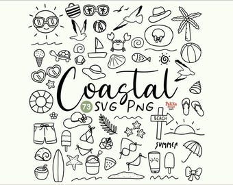 Clipart di vita costiera in spiaggia, scarabocchi estivi sull'oceano (pacchetto SVG PNG)