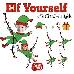 Peut inclure: Elf Yourself avec des lumières de Noël, un projet d'artisanat numérique avec un chapeau d'elfe vert et une boîte cadeau rouge. L'image comprend une étiquette de fichier PNG.