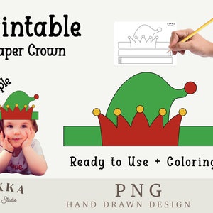 Kerst Elf papieren kroon sjabloon, afdrukbare Kids Craft, DIY winterkostuum, feestmuts, Png Pdf voor kerstcadeau