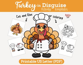 Printable Turkey in Disguise Chef Coloring Page | Thanksgiving Classroom Activity | Turkey Costume Craft Template for Kids