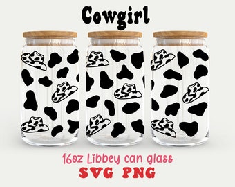 Cowgirl with cowboy hat svg,16oz Libbey glass wrap template svg,Western svg,Cow spots coffee glass svg,cricut cut file