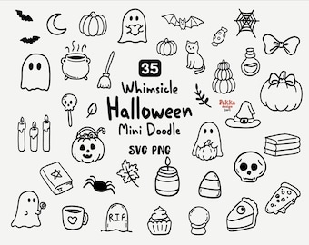 Whimsical Halloween Doodle PNG SVG Bundle | Cute Spooky Clipart | Hand Drawn Ghost Outline | Halloween Printables & Decor