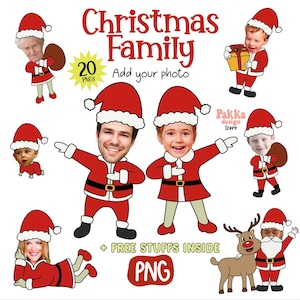 20 Pacote de Natal para a Família, Adicione sua Própria Foto, Modelo Faça Você Mesmo, Recorte de Papai Noel, Garota Papai Noel, Png para Imprimir para Presente de Natal