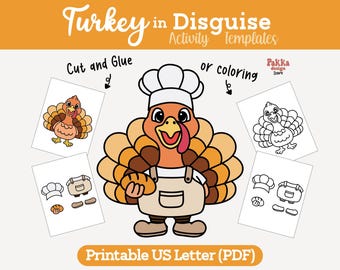 Printable Turkey in Disguise Bakery and Pastry chef Coloring Page | Thanksgiving Classroom Activity | Turkey Costume Craft Template for Kids