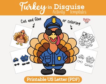 Printable Turkey in Disguise Police Coloring Page | Thanksgiving Classroom Activity | Turkey Costume Craft Template for Kids