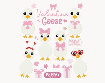 Alla hjärtans dag-gås PNG-paket | Coquette Rosett | Söt clipart för utskrivbara bilder, skjortor, anslagstavlor, sublimering, värmeöverföring och klistermärken