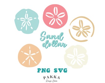 May include: Five sand dollar illustrations in various colors, including blue, pink, beige, and white. The illustrations are on a white background with the text "Sand dollar" and "PNG SVG PAKKA Design Studio".