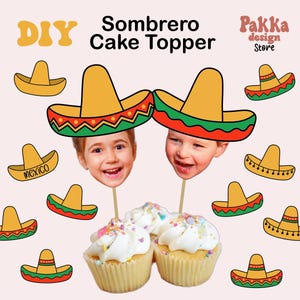 DIY Printable Sombrero Cake Topper for Kids, Mexican Fiesta Hat PNG, Cinco de Mayo Cupcake Decoration, Custom Face Photo