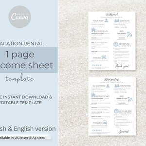 Hoja de Airbnb de una página, carta de bienvenida de VRBO de 1 página, resumen de las reglas de la casa, instrucciones de salida, 1 página de alquiler imprimible, plantilla bilingüe