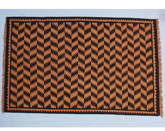 Multi Size Handwoven Traditional Zig Zag Rug - Black and Golden Yellow Hand Woven Washable High Quality Cotton Flatweave Rug