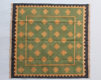 Square Sizes Handwoven Traditional Rug - Green And Golden Yellow Hand Woven Geometric High Quality Cotton Flatweave Rug