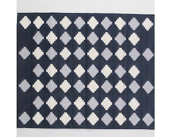 Multiple Sizes Dark Blue And Grey, White Handmade Rug- Hand Woven High Quality Cotton Flatweave Rug