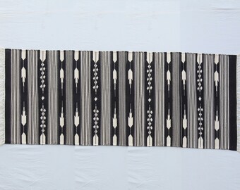 Multi Size Black And White Modern Striped Cotton Flat weave Hand woven Runner Rug- Reversible Runner Kilim