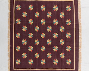 Square Sizes Brown Handmade Flower Design Rug- Hand Woven High Quality Cotton Flatweave Rug