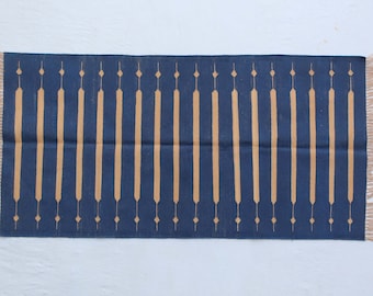 Multi Size Navy Blue And Golden yellow Modern Striped Cotton Flat weave Hand woven Runner Rug- Reversible Runner Kilim
