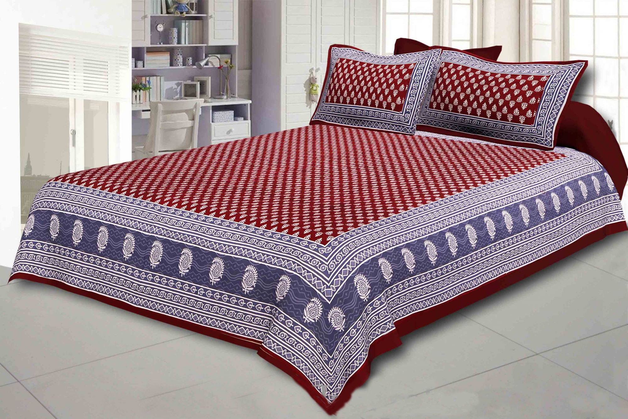 Cotton Double Bedsheet with 2 Pillow Covers-Hand block Print,for Bedroom  Decor (Lavender,Size 108x90In)sábana con estampado de bloques amano