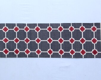 Meerdere maten katoen modern donkergrijs en rood, wit handgeweven loper - plat geweven wasbare loper Killim