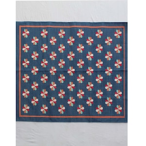 Square Sizes Indigo Blue Cotton Handmade Flower Design Rug- Hand Woven High Quality Cotton Flatweave Rug