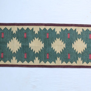Multiple Sizes Cotton Green Modern Hand Woven Runner Rug- Flat Woven Washable Runner Killim