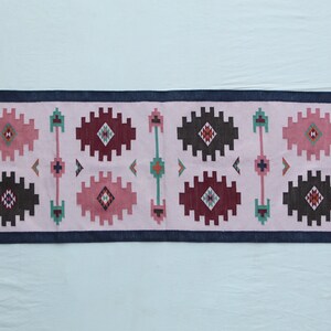 Multiple Sizes Cotton Modern Light Pink And Dark Blue Border With Colorful Hand Woven Runner Rug- Flat Woven Washable Runner Killim