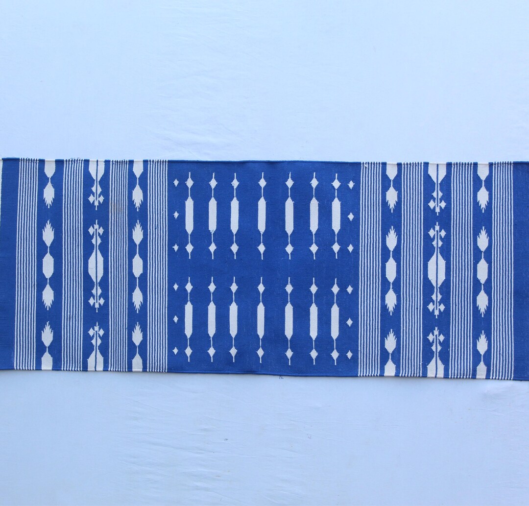 Multiple Sizes Cotton Modern Blue and White Hand Woven Runner Rug- Flat ...