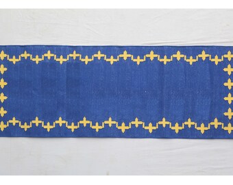 Alfombra de corredor moderna de algodón azul y amarillo tejida a mano en varios tamaños - Alfombra de corredor lavable de tejido plano Killim