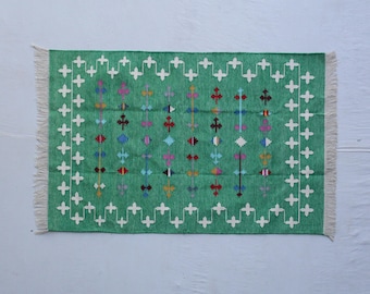 Multiple Size Green Cotton Handmade Rug- Hand Woven High Quality Cotton Flatweave Rug