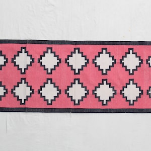 Multiple Sizes Cotton Modern Pink , Black And White Hand Woven Runner Rug- Flat Woven Washable Runner Killim