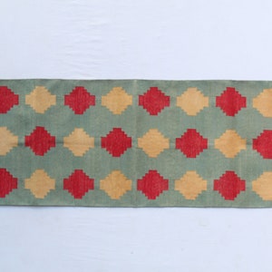 Multiple Sizes Cotton Green And Golden Yellow, Red Modern Hand Woven Runner Rug- Flat Woven Washable Runner Killim