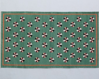 Multiple Size Green Cotton Handmade Flower Design Rug- Hand Woven High Quality Cotton Flatweave Rug