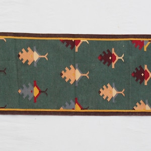 Multiple Sizes Cotton Green And Brown Border With Colorful Modern Hand Woven Runner Rug- Flat Woven Washable Runner Killim
