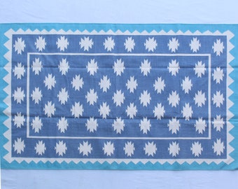 Multi Size Handwoven Traditional Rug -Blue And White Hand Woven Washable High Quality Cotton Flatweave Rug