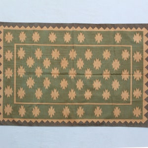 Multi Size Handwoven Traditional Rug - Green And Golden Yellow Hand Woven Geometric High Quality Cotton Flatweave Rug