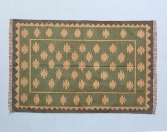 Alfombra tradicional tejida a mano de varios tamaños: verde y amarillo dorado, geométrica, de algodón de alta calidad.
