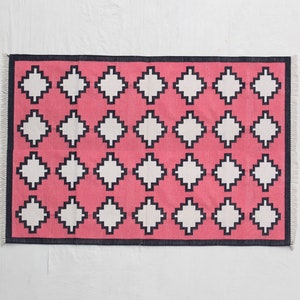 Multiple Sizes Pink And White, Black Border Handmade Rug- Hand Woven High Quality Cotton Flatweave Rug