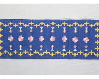 Alfombra de corredor moderna de algodón azul y amarillo tejida a mano en varios tamaños - Alfombra de corredor lavable de tejido plano Killim