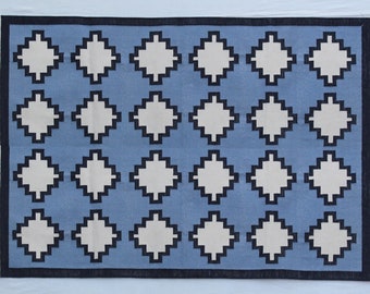 Multiple Sizes Light Blue And White, Black Border Handmade Rug- Hand Woven High Quality Cotton Flatweave Rug