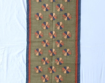 Multiple Sizes Cotton Green Modern Flowers Design Hand Woven Runner Rug- Flat Woven Washable Runner Killim