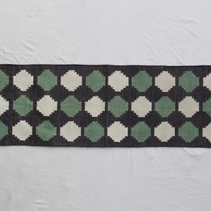 Multiple Sizes Cotton Black and Green, White Modern Hand Woven Runner Rug- Flat Woven Washable Runner Killim
