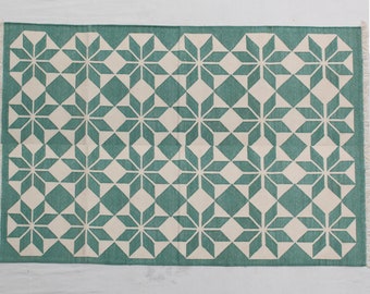Multiple Size Green And White Handmade Rug- Hand Woven High Quality Cotton Flatweave Rug