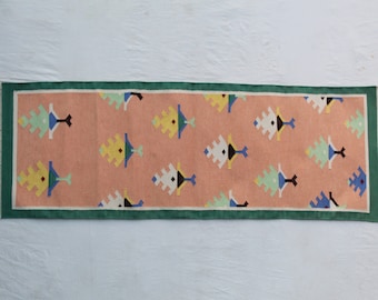 Multiple Sizes Cotton Light Orange And Green Border Modern Colorful Design Hand Woven Runner Rug- Flat Woven Washable Runner Killim