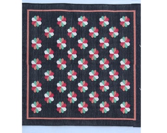Square Sizes Black Cotton Handmade Flower Design Rug- Hand Woven High Quality Cotton Flatweave Rug