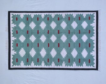 Multiple Size Green And White Cotton Handmade Rug- Hand Woven High Quality Cotton Flatweave Rug