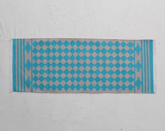 Alfombra de corredor moderna tejida a mano de algodón azul cielo y beige en varios tamaños - Alfombra de corredor lavable de tejido plano Killim