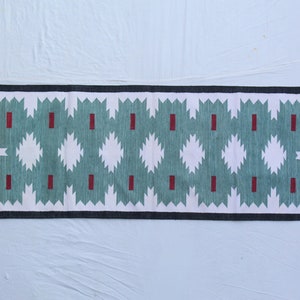 Multiple Sizes Cotton Green Modern Hand Woven Runner Rug- Flat Woven Washable Runner Killim