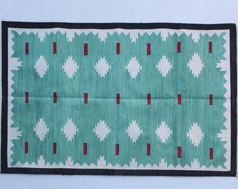 Multiple Size Green And White Cotton Handmade Rug- Hand Woven Cotton Flat weave Kilim