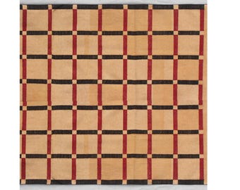 Square Sizes Golden Yellow And Black, Red Handmade Rug- Hand Woven High Quality Cotton Flatweave Rug