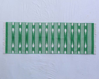 Multi Size Green And White Modern Striped Cotton Flat weave Hand woven Runner Rug- Reversible Runner Kilim